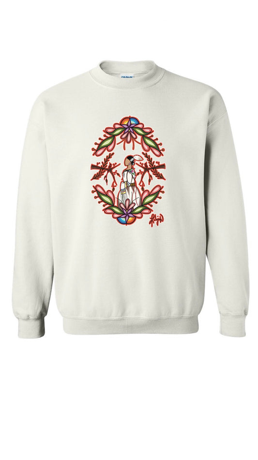 White sâhkâstewskwew (morning sun woman) crewneck