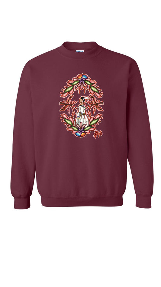 Maroon ᓴᐦᑲᐢᑌᐤᐢᑫᐧᐤ sâhkâstewskwew (morning sun woman) crewneck